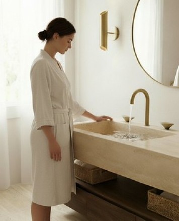 Howest_IPO_Interieurplaats een vrouw voor de lavabo met haar hand op de rechter knop en water uit kraan lopen (1)